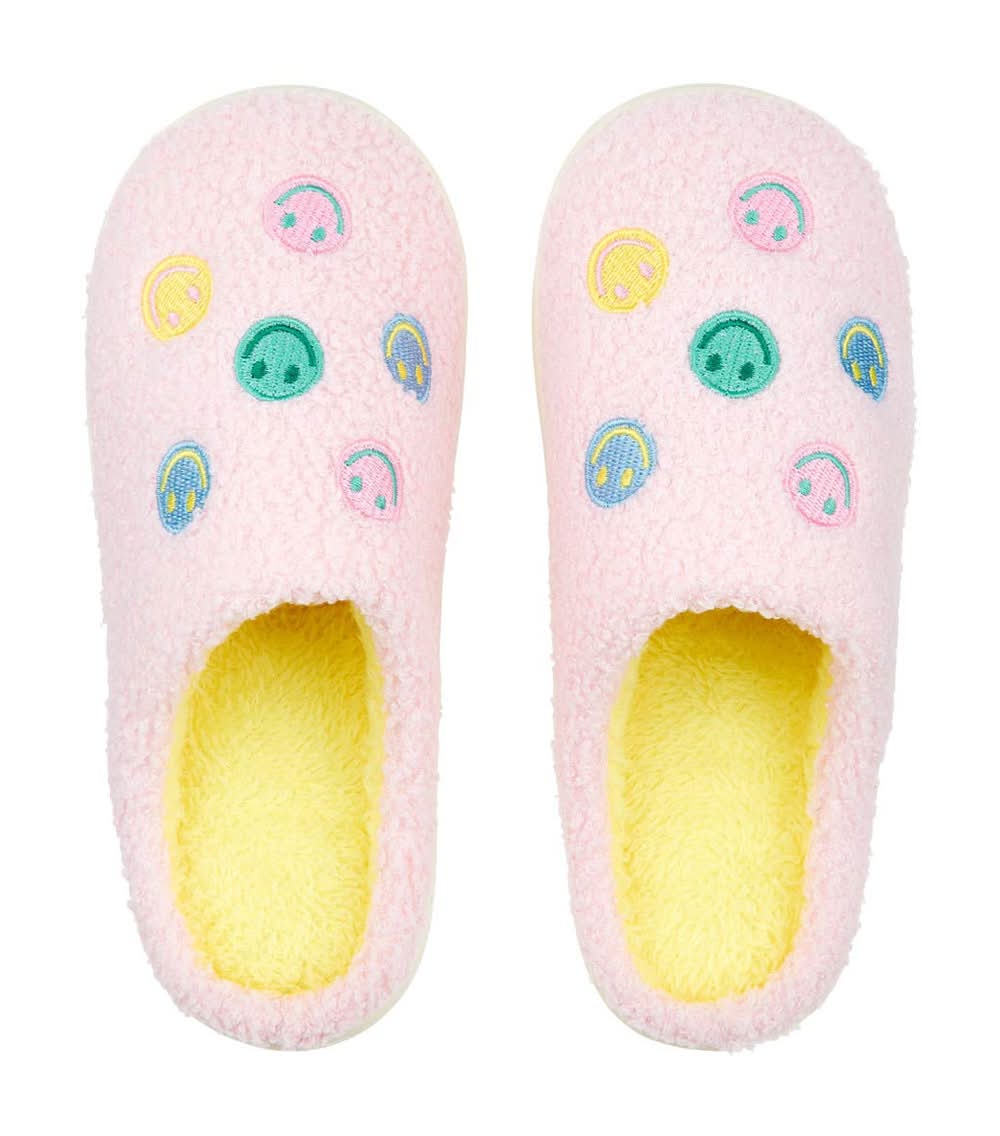 Multicolor Smiley Face Indoor Slippers Pink Sherpa 1 Pair