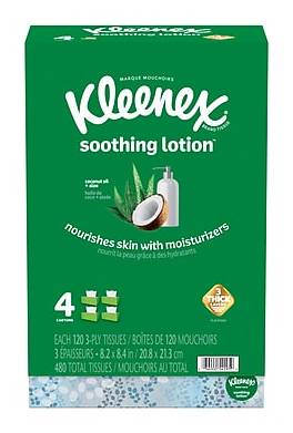 Kleenex Lotion Facial Tissue, 3-ply, 120 Sheets/Box, 4 Boxes/Pack (50179)