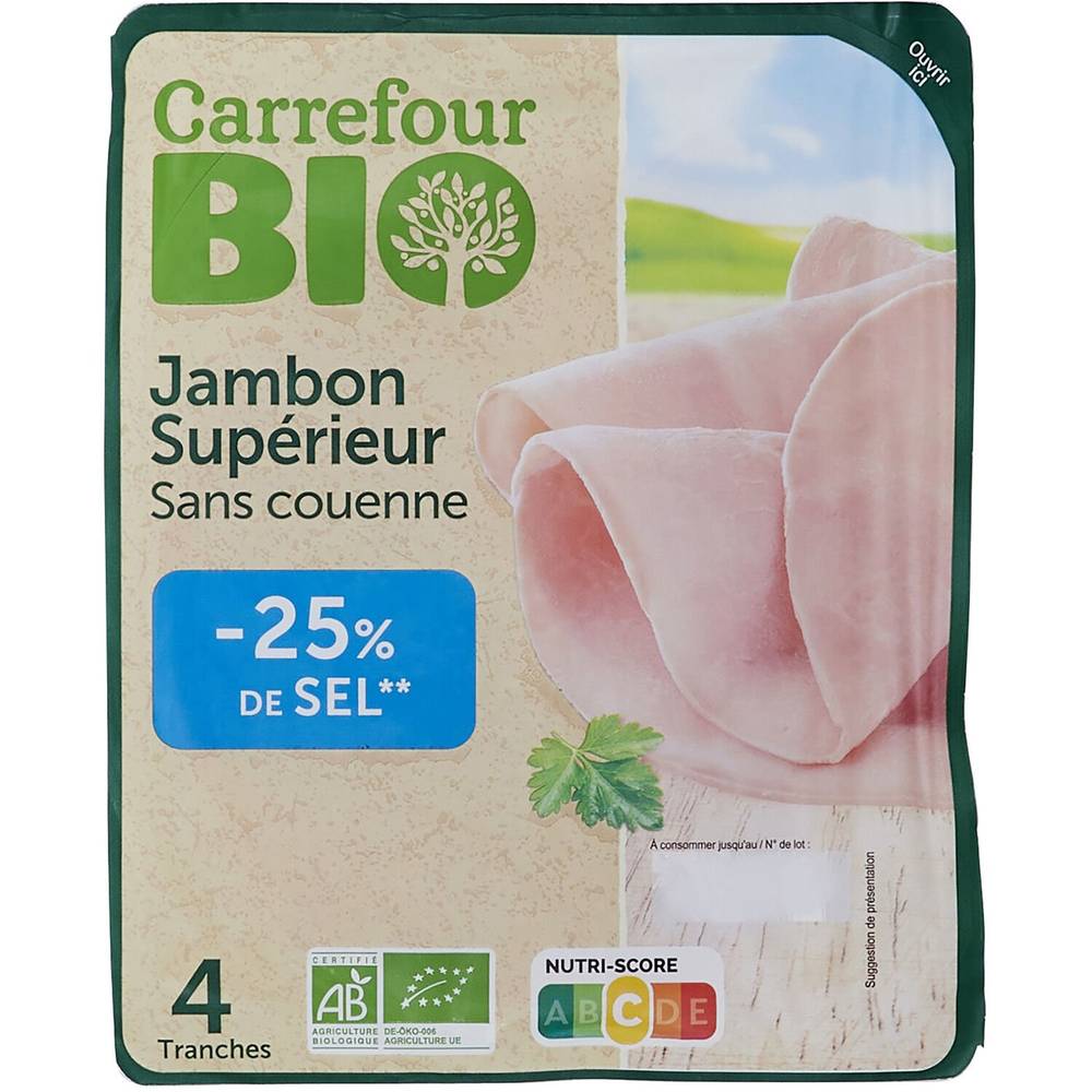 Carrefour Bio - Jambon bio supérieur sans couenne (4 pièces)