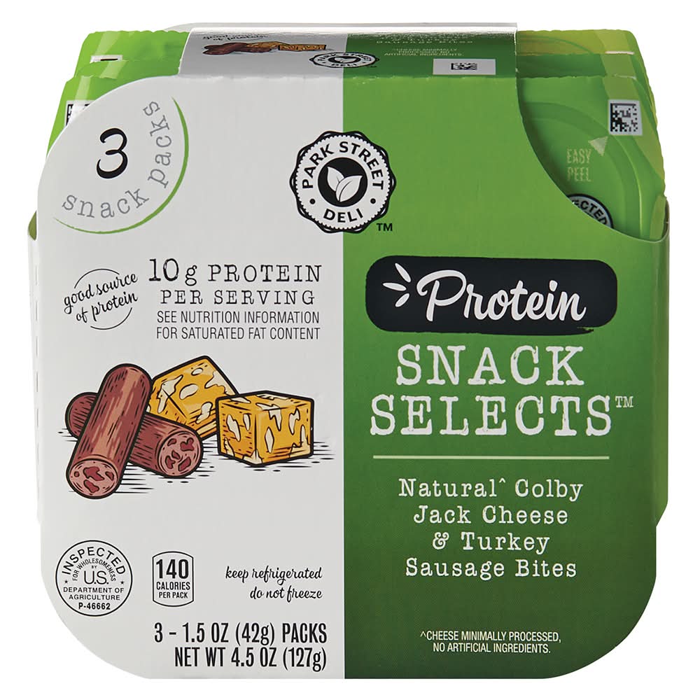 Park Street Deli Protein Snack Selects Sausage Bites, Natural Colby Jack Cheese & Turkey (3 x 1.5 oz)