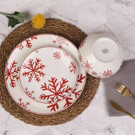 Holiday Time Snowflake Ceramic Dinnerware Set, Red (12 ct)