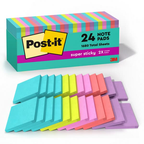 Post-it® Super Sticky Notes, 3 in x 3 in, 24 Pads, 70 Sheets/Pad, 2x the Sticking Power, School and Office Supplies, Supernova Neons