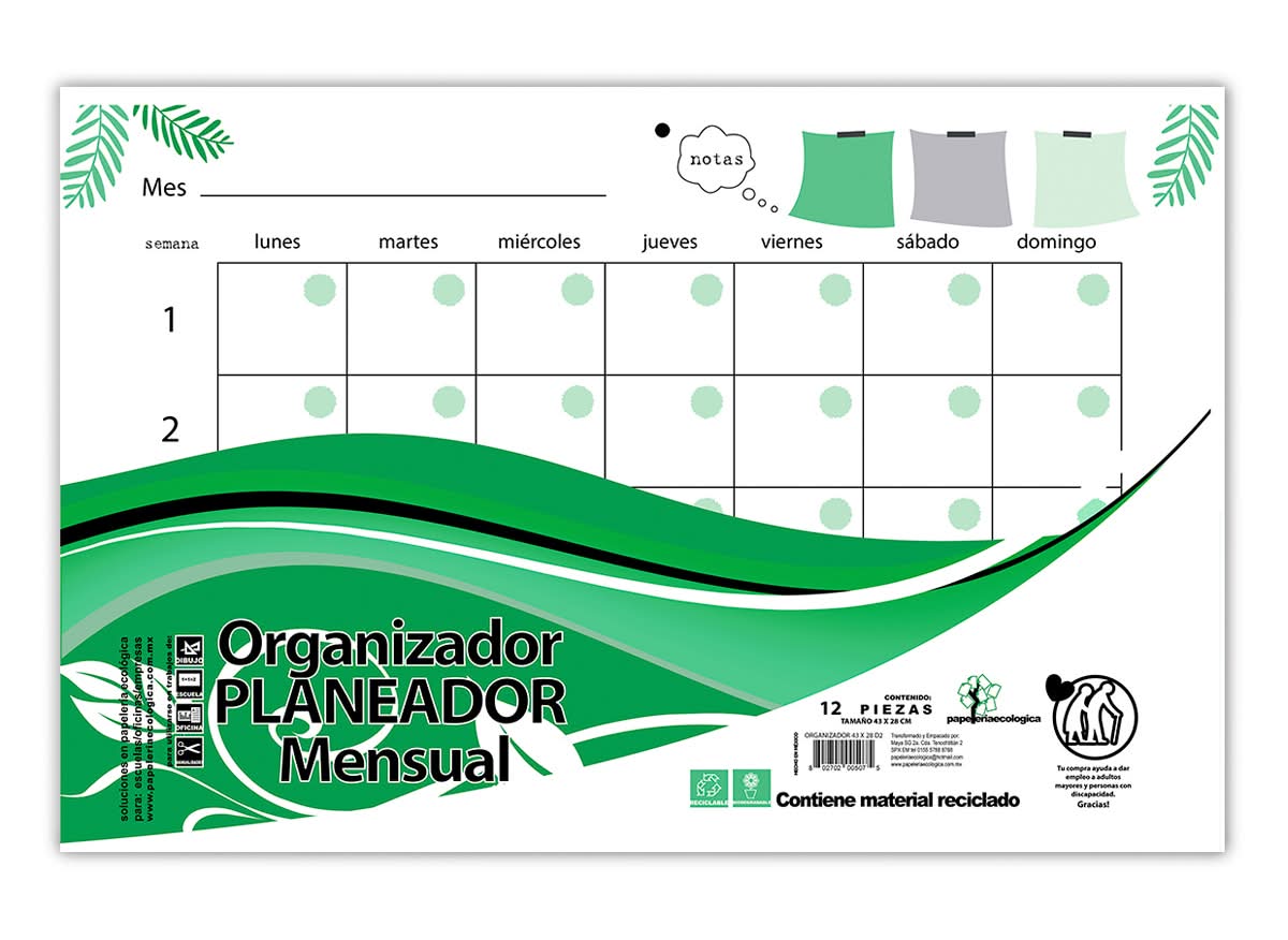 Papeleria Ecológico · Organizador planeador mensual, 43x28 cm