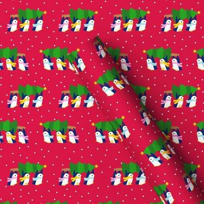 Wondershop Penguins Carrying Trees Christmas Gift Wrap, 50 sq ft, Red