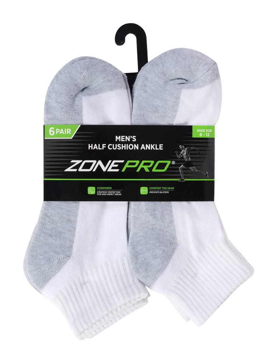Zone Pro Men'S Half Cushion Ankle Socks White With Grey Accents Size 6?12 6 Pk