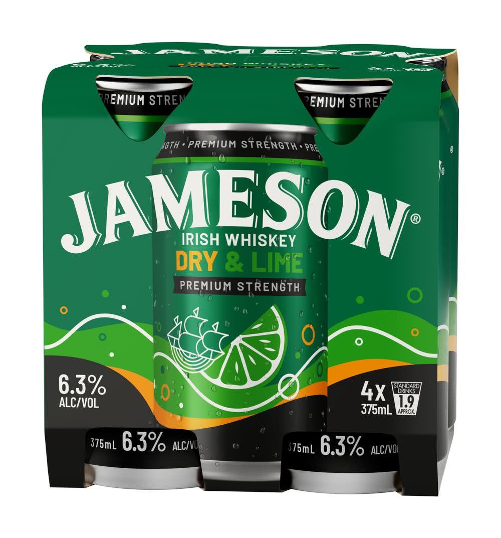 Jameson Premium Strength Irish Whiskey, Dry & Lime (4 x 375mL)