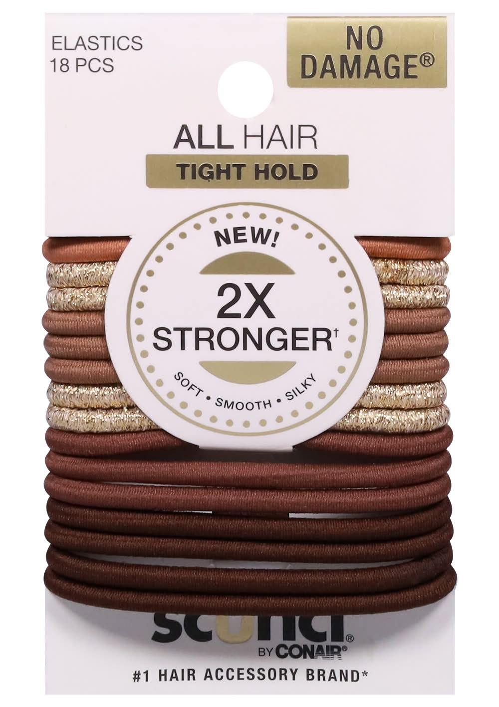 Scunci No Damage 2x Stronger Elastic Hair Ties, Brown-Gold (18 ct)