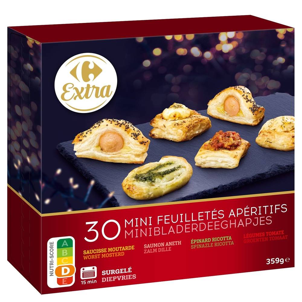 Carrefour Extra - Mini feuilletés apéritifs, saucisse moutarde-saumon aneth-épinard ricotta-légumes tomate (30)