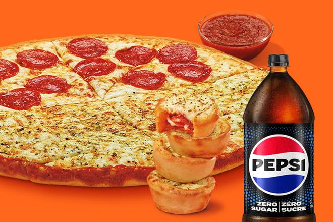 Die Hard Fan Bundle: Pepperoni Slices-N-Stix with Crazy Sauce, Pepperoni Crazy Puffs & 2L Pepsi