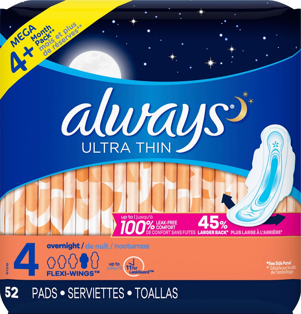 Always Ultra Thin Overnight Flexi-Wings Sanitary Pads, 4 (185 oz, 52 ct)