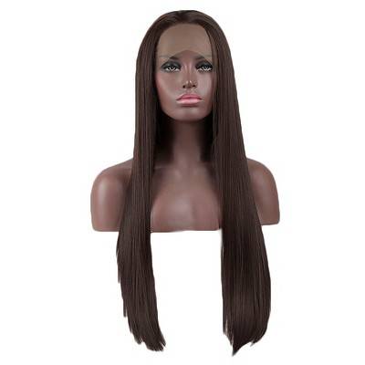 Unique Bargains Women Halloween Long Straight Synthetic Fibre Hair Lace Front Wigs with Wig Cap 24" 1PC Brown