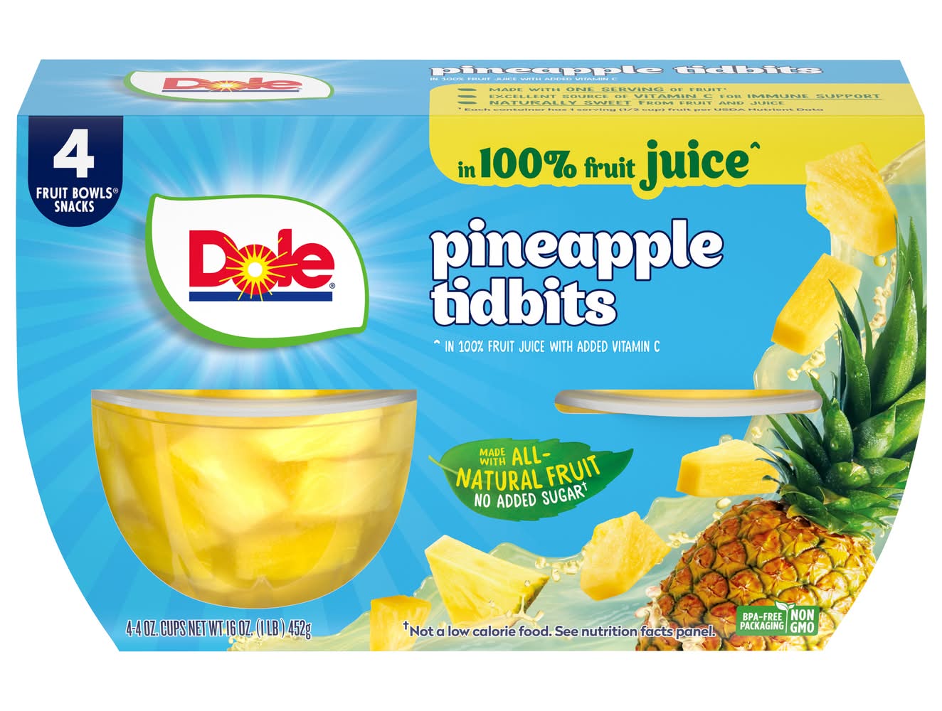 Dole 100% Fruit Juice Snack Bowl, Pineapple (4 x 4 oz)