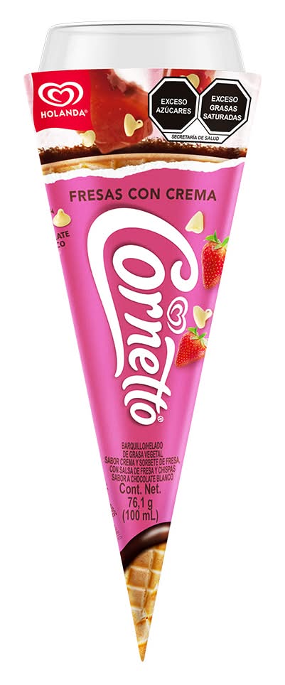 Cornetto · Barquillo helado, fresas con crema (100 ml)