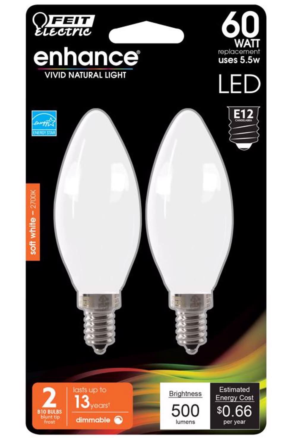 Feit Enhance Blunt Tip E12 (Candelabra) Filament Led Bulb Soft White 60 Watt Equivalence 2 Pk