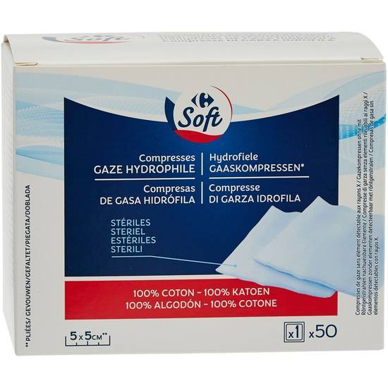 Carrefour Soft - Compresses stériles gaze hydrophile en coton (5x5 cm)
