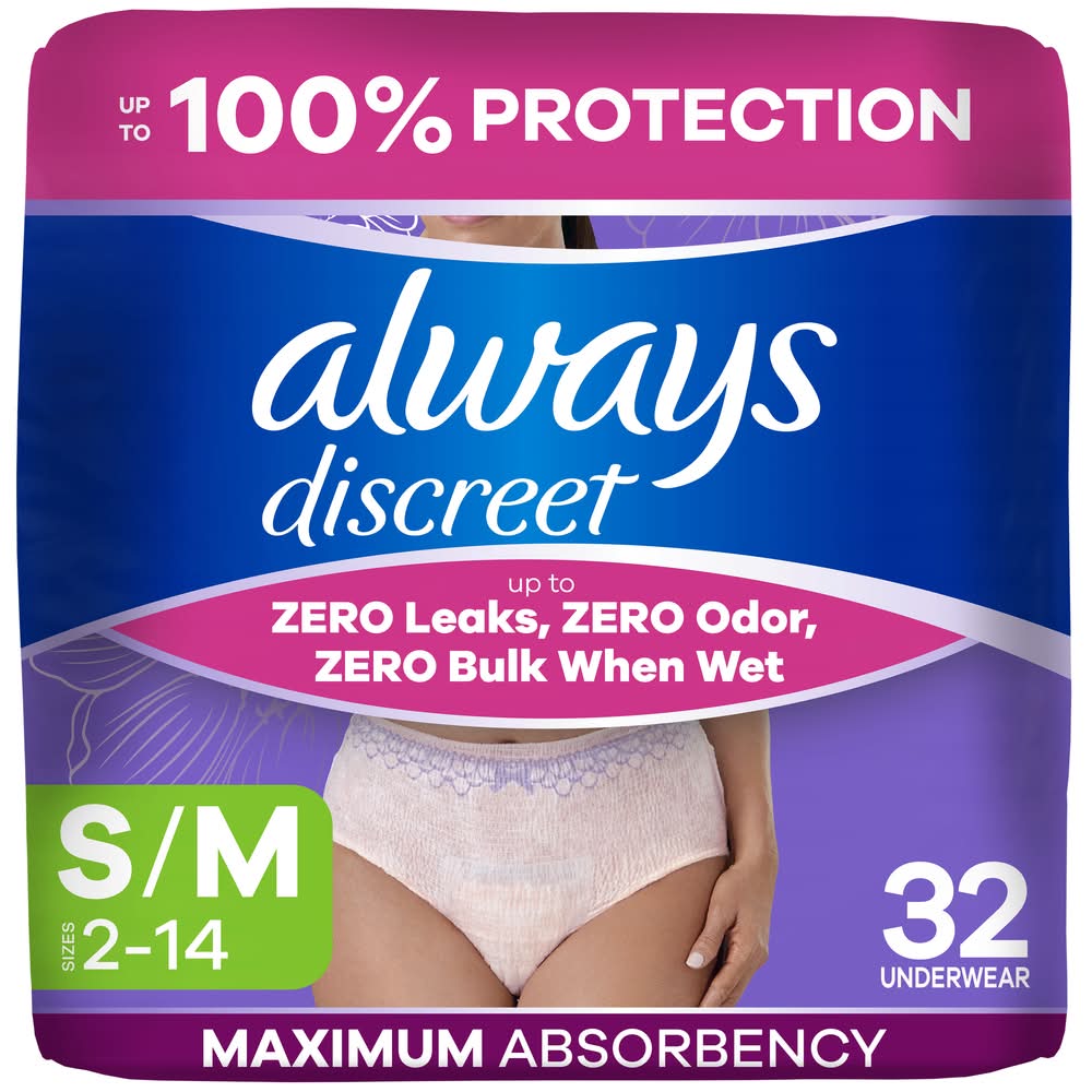 Always Discreet Adult Postpartum Incontinence Underwear, Women, S/M (32 ct)