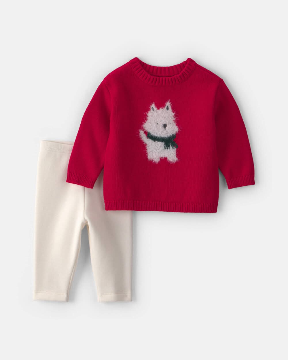 Baby Girl 2-Piece Dog Sweater & Pant Set - Red/Cream - 24M