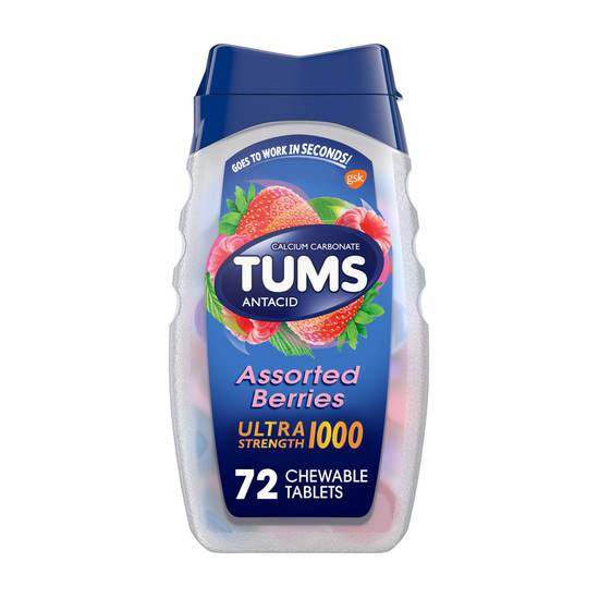 TUMS Antacid Chewable Tablets for Heartburn Relief, Ultra Strength, Assorted Berries, 72 Tablets