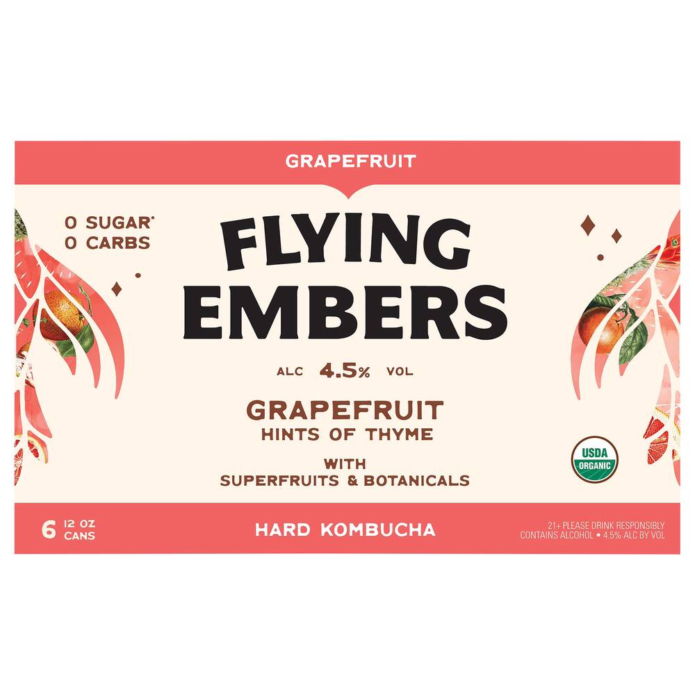 Flying Embers Hard Sparkling Kombucha Sparkling Botanical Tea, Grapefruit (6 x 12 fl oz)