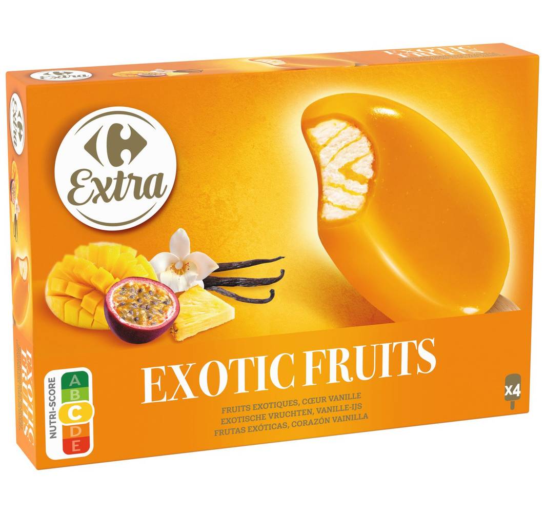 Carrefour Extra - Bâtonnets de glace, fruits exotiques-cœur vanille (4 x 100ml)