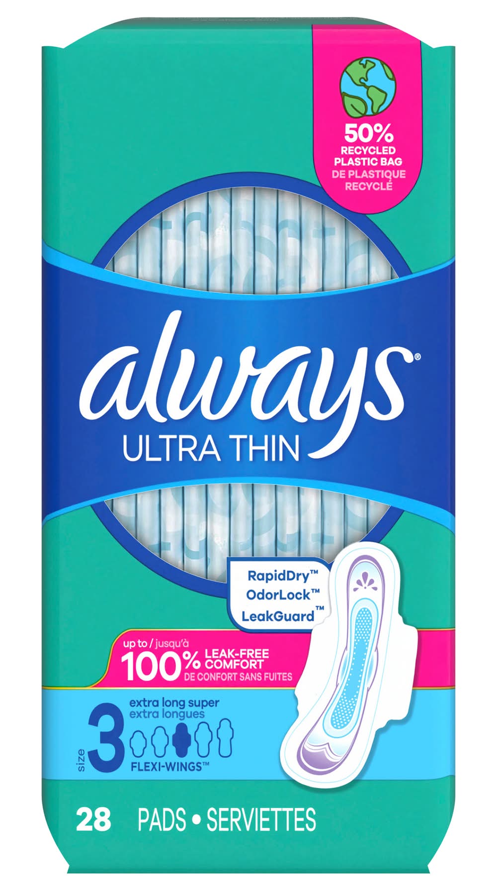 Always Ultra Thin Long Absorbency Unscented With Wings Pads, 3 (28 ct)