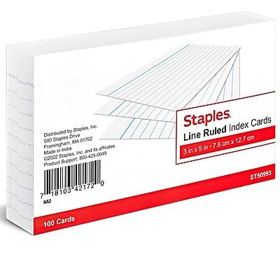 Staples 3 x 5 Index Cards, Narrow Ruled, White, 100/Pack (TR50993)