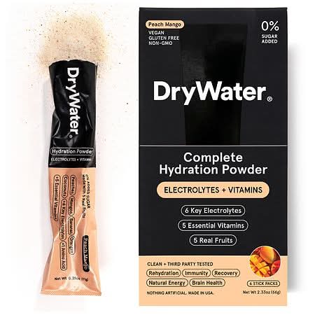 Drywater Electrolytes + Vitamins Hydration Powder, Peach Mango (2.33 oz, 6 ct)