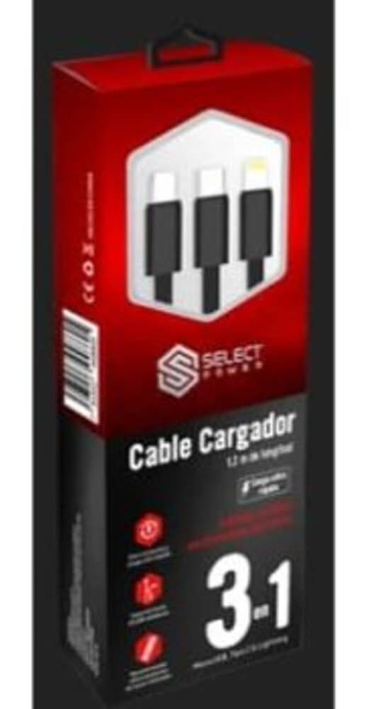 Select Power · Cable usb 3 en 1 lighting tipo c y micro usb (300 g)