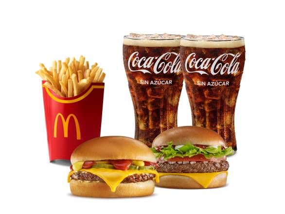 McFiesta®, Hamburguesa con Queso, 1 McPapas® Grandes y 2 Bebidas Medianas.