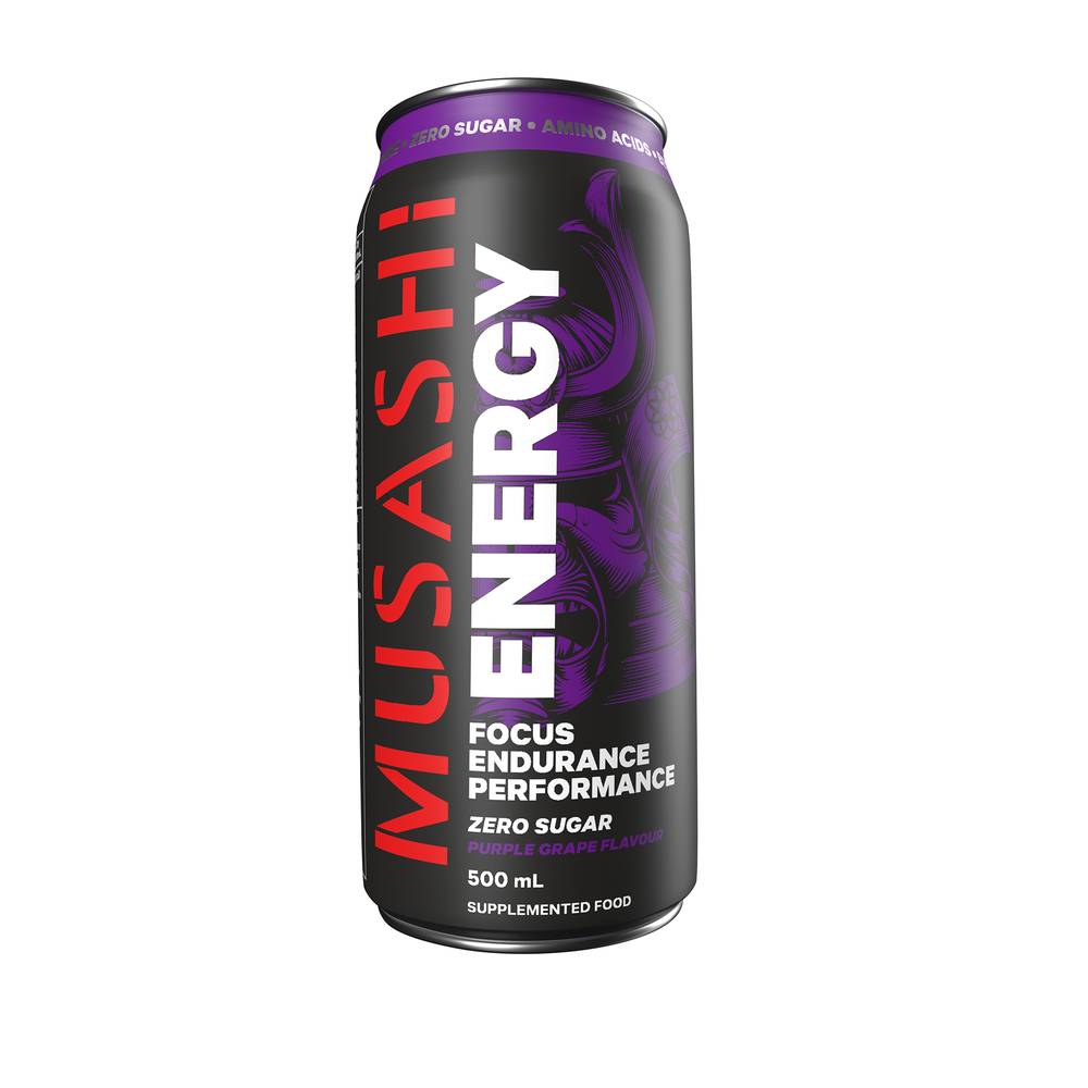 Musashi Zero Sugar Focus Endurance Performance Energy Drink, Purple Grape (500mL)