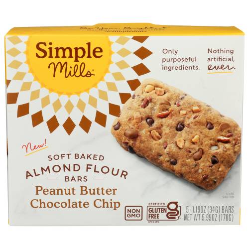 Simple Mills Peanut Butter Chocolate Chip Soft Baked Almond Flour Bars 5 Pack