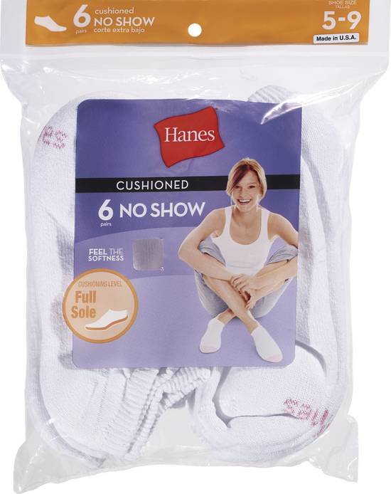 Hanes Women's No Show Cushion White Socks Size 5-9, 6 ct