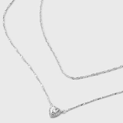 A New Day Silver Plated Halo Heart Cubic Zirconia Multi-Strand Necklace, 21 in