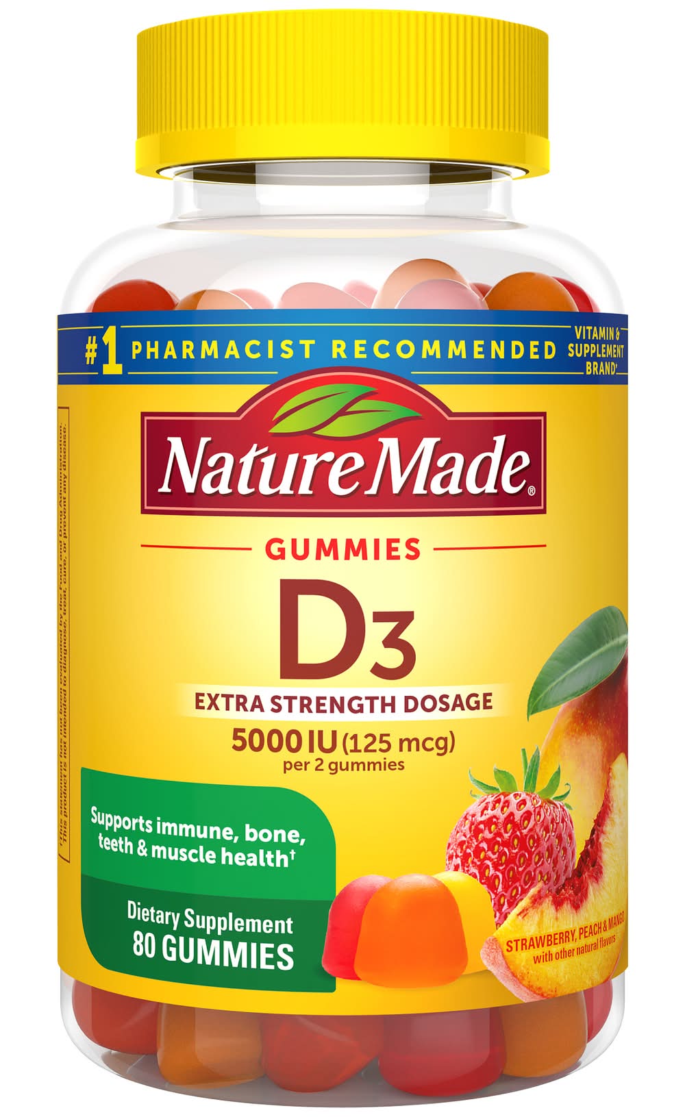 Nature Made Vitamin D3 5000 Iu Extra Strength Dosage Gummies, Strawberry-Peach-Mango (8 oz, 80 ct)