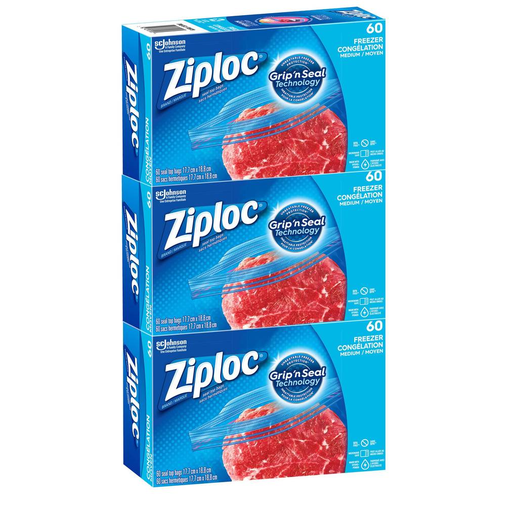 Ziploc Easy-Open Medium Freezer Bags, 3 Packs Of 60