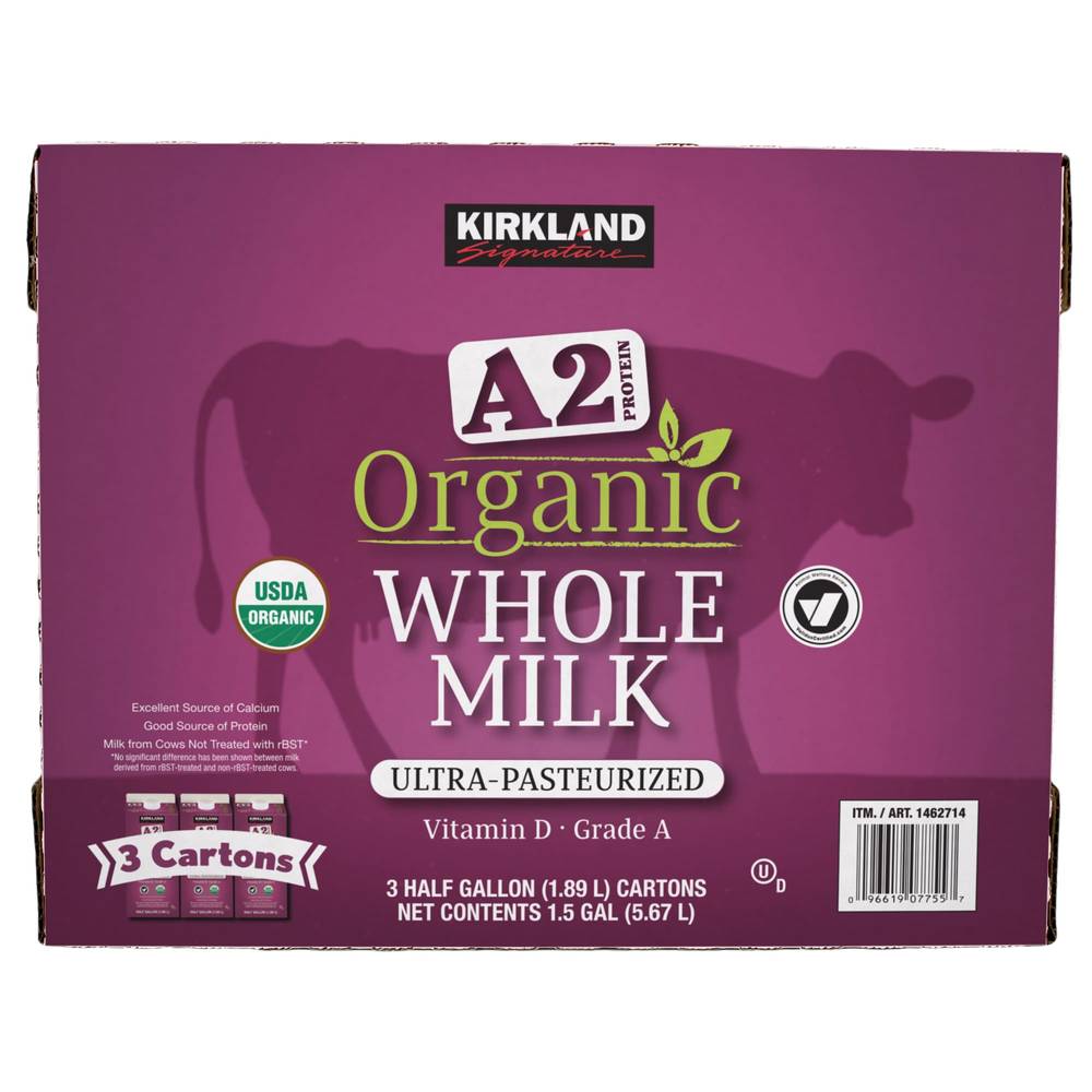 Kirkland Signature Organic A2 Whole Milk, Half Gallon, 3-count