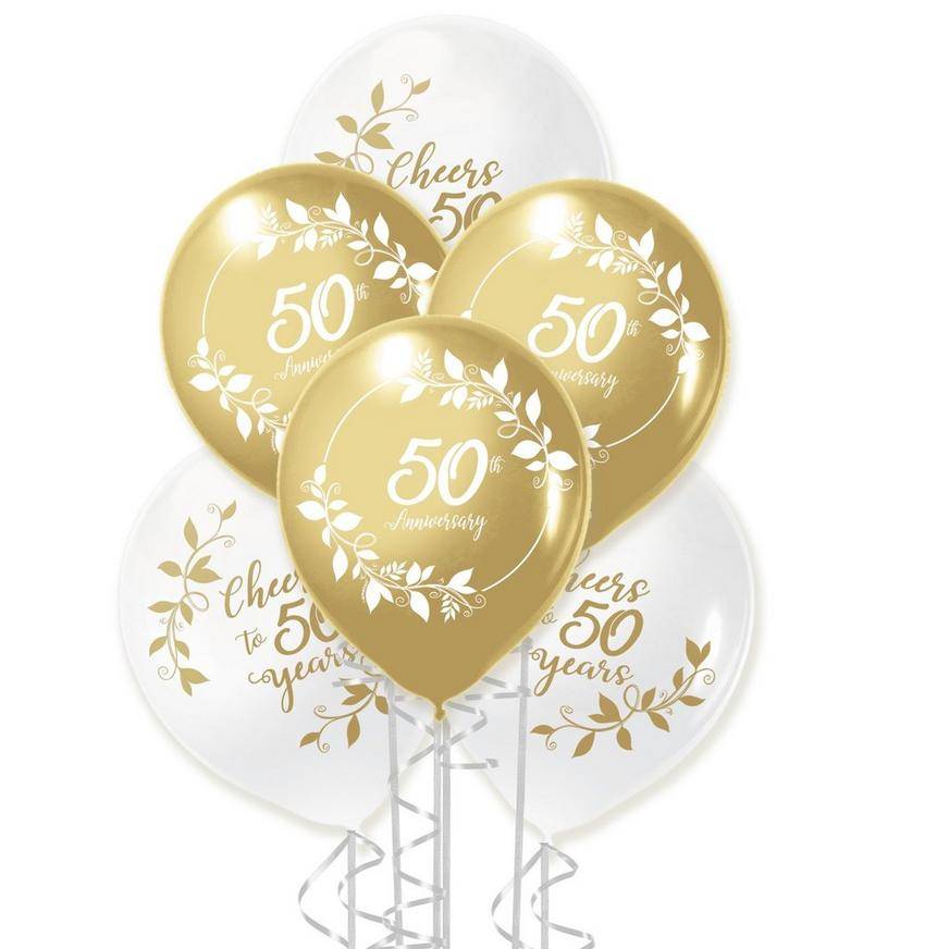 Uninflated Gold White 50th Anniversary Latex Balloons, 12in, 15ct