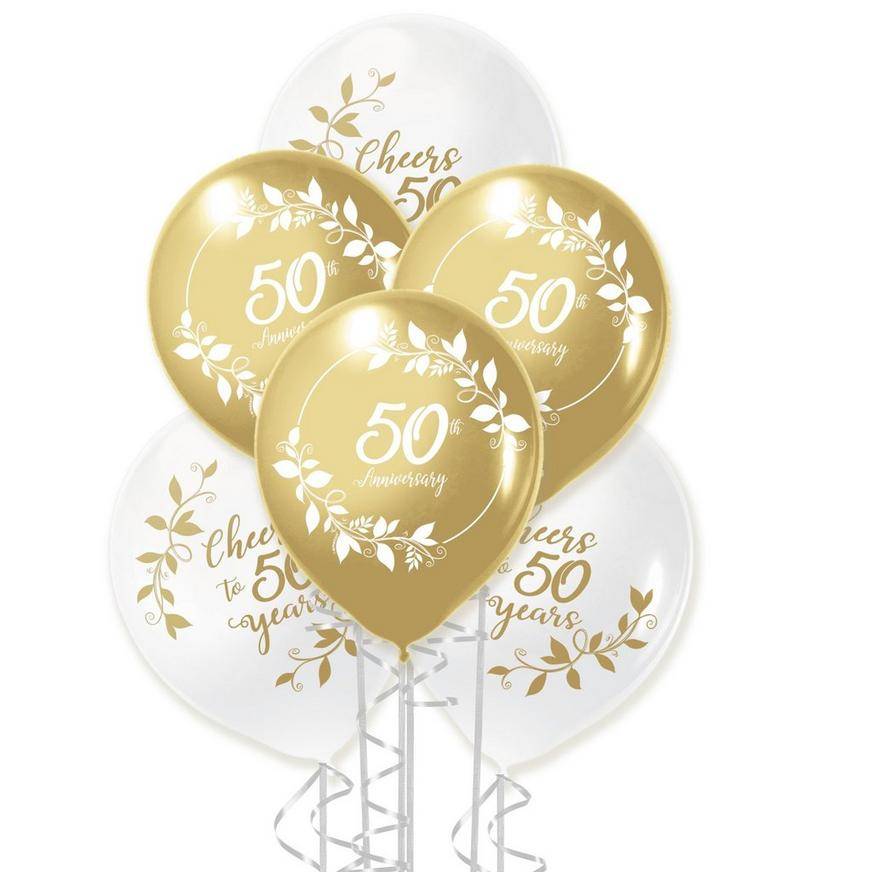 Party City 50th Anniversary Latex Balloons (12 inch/gold and white)