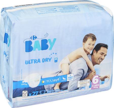 Couches taille 6 XLarge : +16 kg CARREFOUR BABY - le paquet de 27