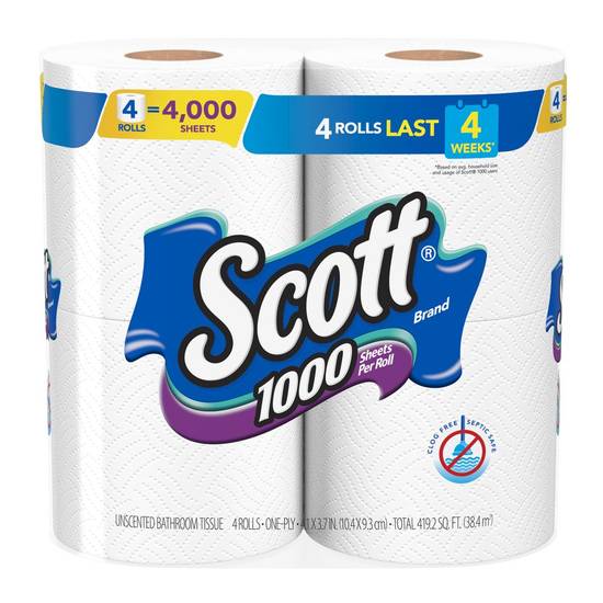 Scott 1000 Sheets Per Roll Toilet Paper, Bath Tissue - 4 ct