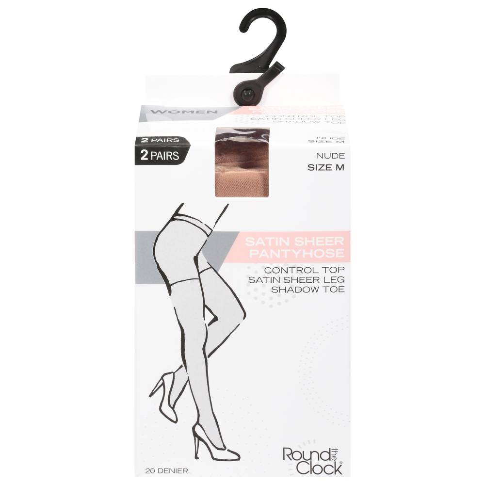 Round the Clock Nude 20 Denier Shadow Toe Controp Top Satin Sheer Pantyhose, Female, M