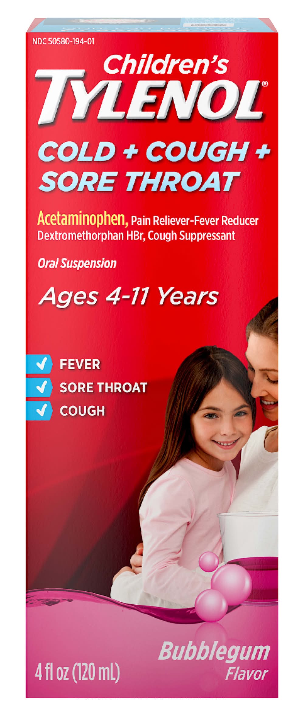 Tylenol Cold Cough Sore Throat Acetaminophen Oral Suspension 4-11 Years, Bubblegum (4 fl oz)