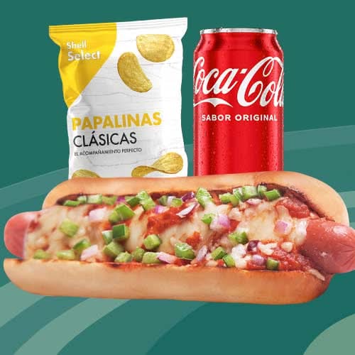 Combo Pizza Dog + Coca Cola Lata 12 oz + papalinas shell select 60g