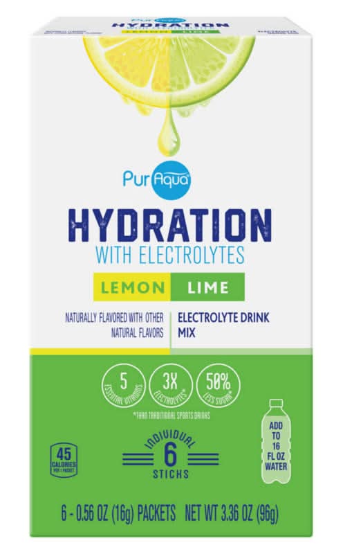 PurAqua Hydration With Electrolytes Drink Mix Sticks, Lemon Lime (6 x 0.56 oz)