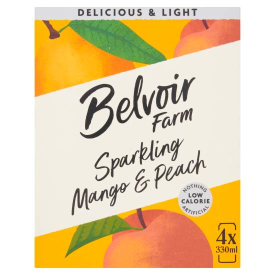 Belvoir Farm Delicious & Light Drink With Sugar & Naturally Sourced Sweetener Sparkling Water (4 pack, 330 ml) ( mango - peach)
