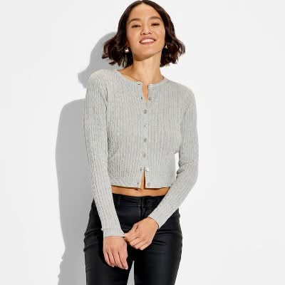 Wild Fable Crewneck Baby Cable Cardigan, Women, XL, Gray