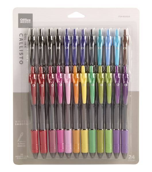Office Depot® Brand Callisto Retractable Gel Ink Pens, Medium Point, 0.7 mm, Transparent Black Barrel, Assorted Fashion Ink Colors, Pack Of 24 Pens