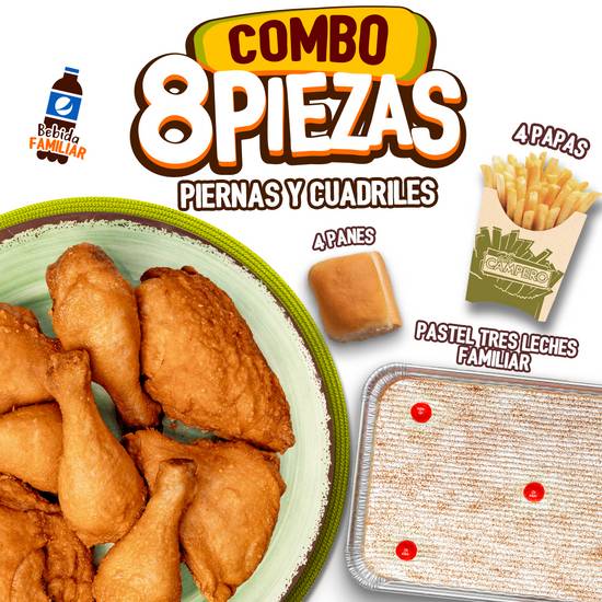 COMBO 8 PIEZAS PYC + 4 papas + 4 panes + bebida 1.5 L + Tres leches familiar