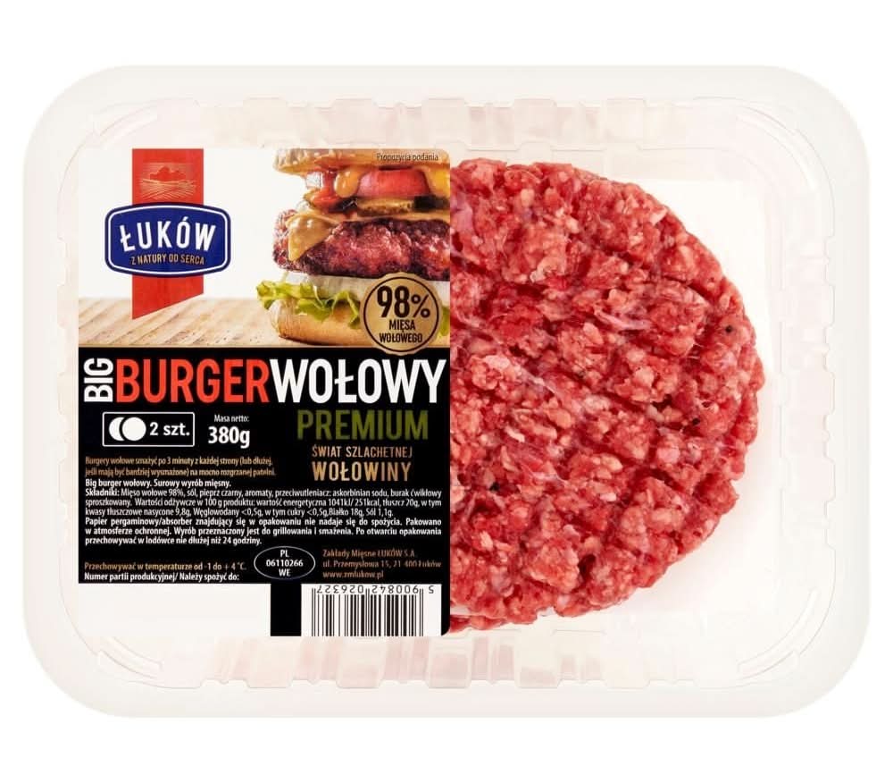 Łuków Big Burger wołowy premium 380 g (2 sztuki)