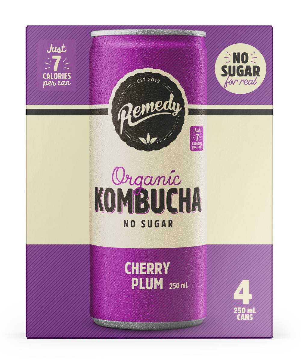 Remedy Organic Kombucha Soft Drink, Cherry Plum (4 x 250mL)